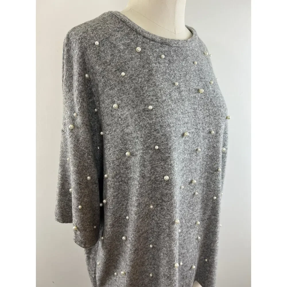 ZARA Trafaluc Gray Pearl Beaded 3/4 Sleeve Crew Neck Pullover Sweater Medium M